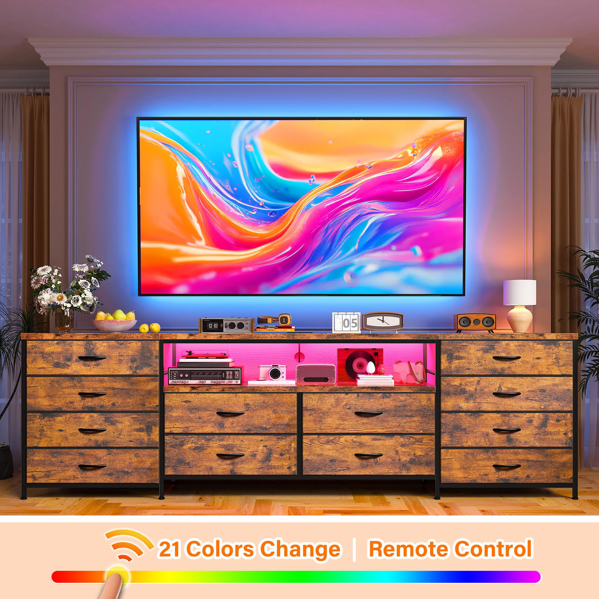 EnHomee 12 Drawer Dresser TV Stand for 65 70 75 Inch TV 63" W Extra Long Dresser for Bedroom with LED Lights & Power Outlets Entertainment Center with Fabric Drawers for Closet Rustic Brown EnHomee