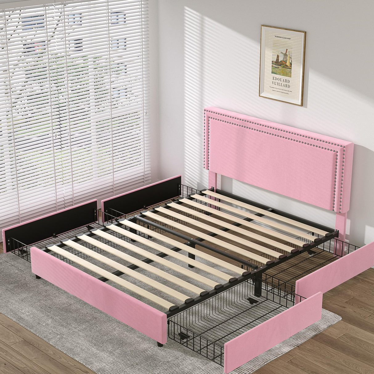 VECELO Queen Size Upholstered Platform Bed Frame with 4 Storage Drawers, Adjustable Velvet Rivets Headboard, Wooden Slats Support, No Box Spring Needed, Easy Assembly VECELO
