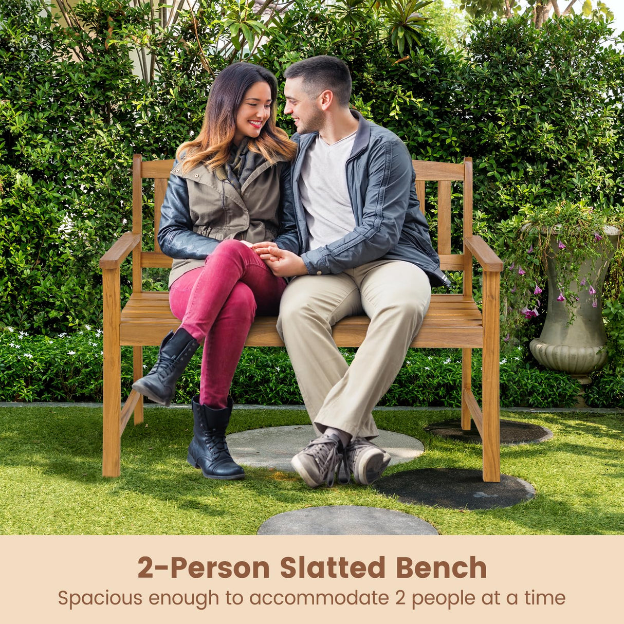 HAPPYGRILL Ergonomic Acacia Wood Loveseat Bench for 2 - All-Weather Patio Seating HAPPYGRILL
