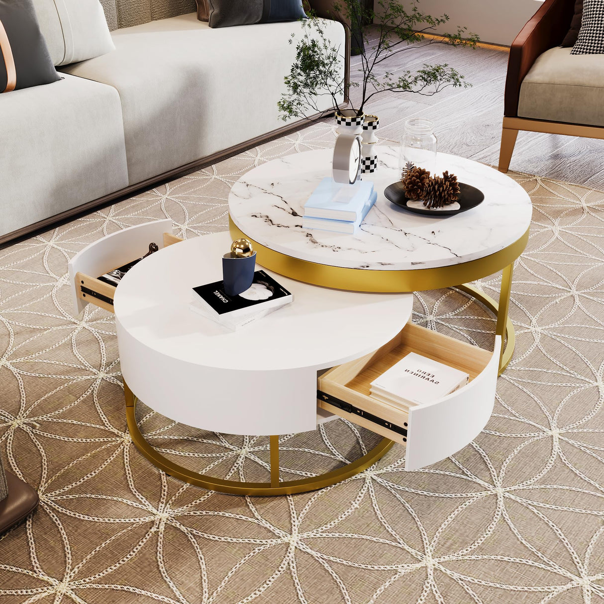 Modern Round Nesting Coffee Table with Drawers for Living Room in White Flieks