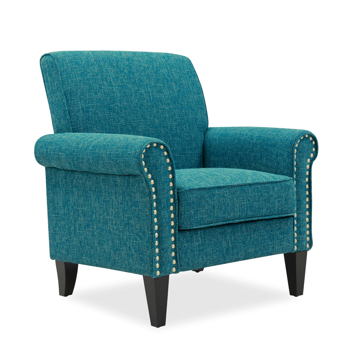 Domesis Kiara Traditional 34" Wide Upholstered Rolled Arm Living Room & Bedroom Accent Chair, Comfy Elegant Armchair with Pewter Nailheads, in Blue Tweed Domesis