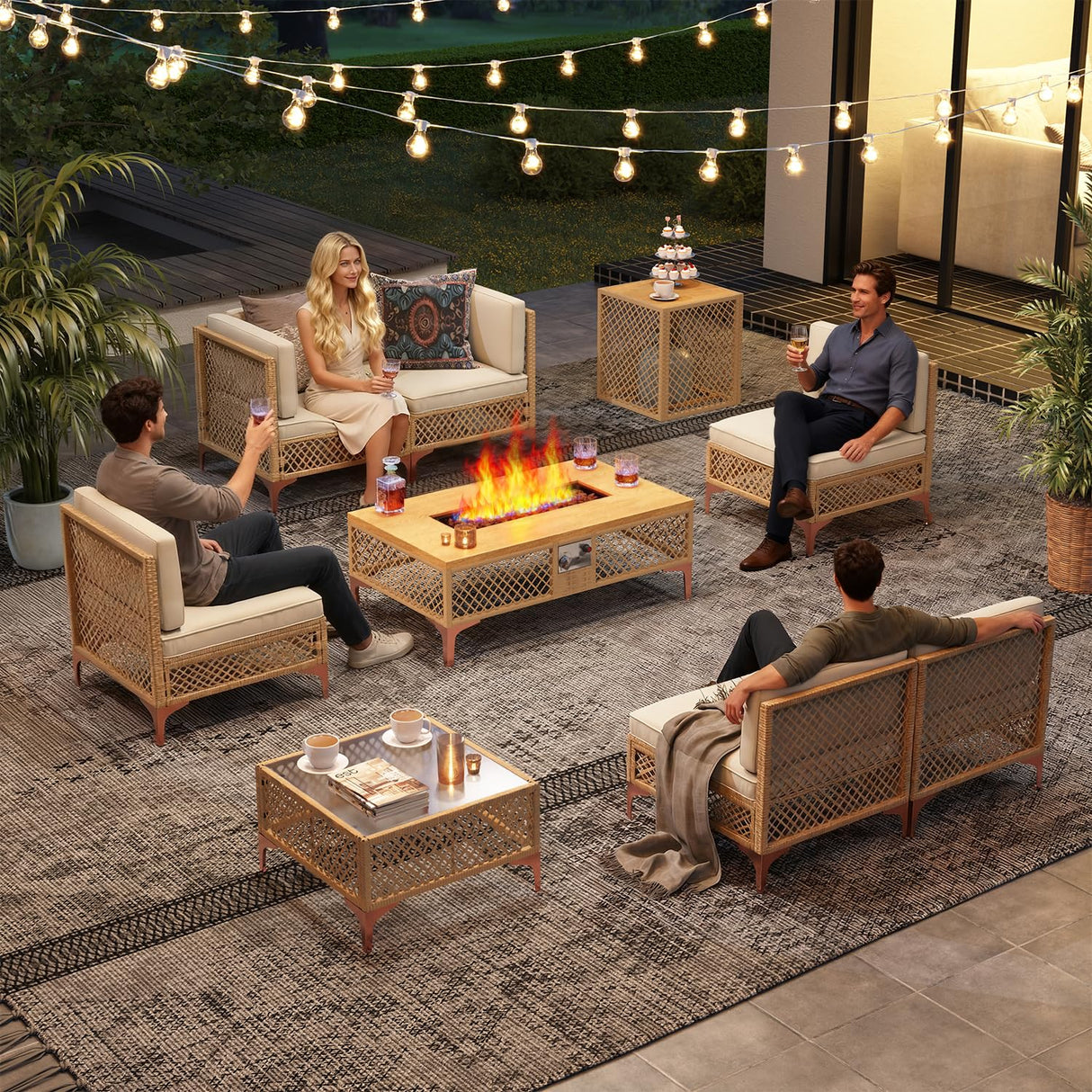 9-Piece Outdoor Patio Furniture Set with Large Fire Pit Table, Boho Wicker Outdoor Conversation Sectional Set & 60,000 BTU Rectangle Propane Fire Pit, Storage Box & Tempered Glass Coffee Table LYNSLIM