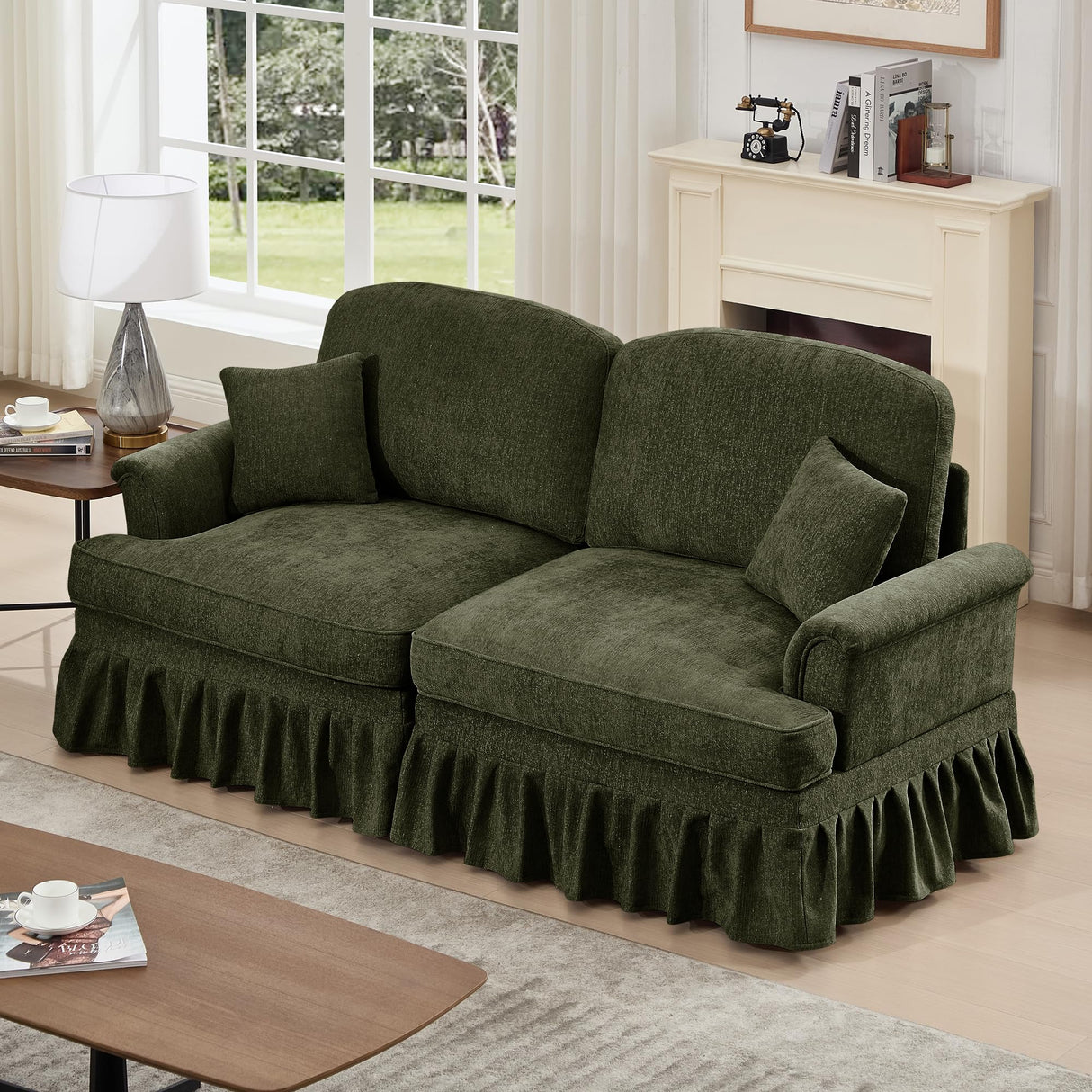 HMHKHN 76" Chenille Loveseat Sofa for Living Room, Traditional Style Sofa with Detachable Ruffled Skirt, Flared Arms, Spindle Legs, Love Seat Couches for Apartment (Green) HMHKHN