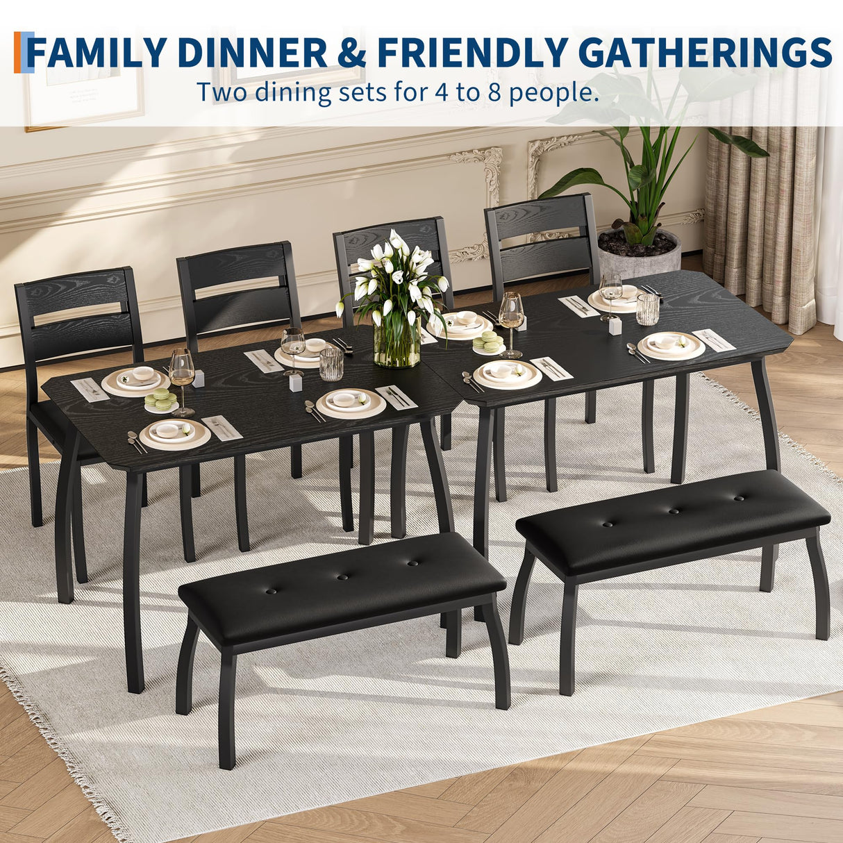 GarveeHome Dining Table Set for 4, Sturdy Wooden Kitchen Table with Chamfer Design and Metal Legs, Upholstered Bench & 2 Classic Dinner Chairs, Kitchen and Dining Set for Home Dinner, Party, Black GarveeHome