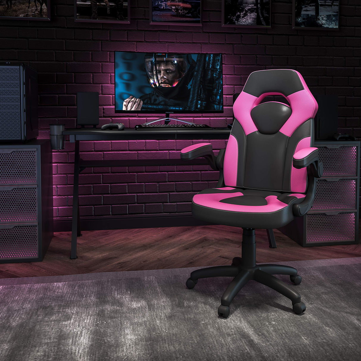 Flash Furniture X10 High-Back LeatherSoft Racing Style Gaming Chair with Flip-Up Arms, Ergonomic Padded Swivel Computer Chair, Pink/Black Flash Furniture