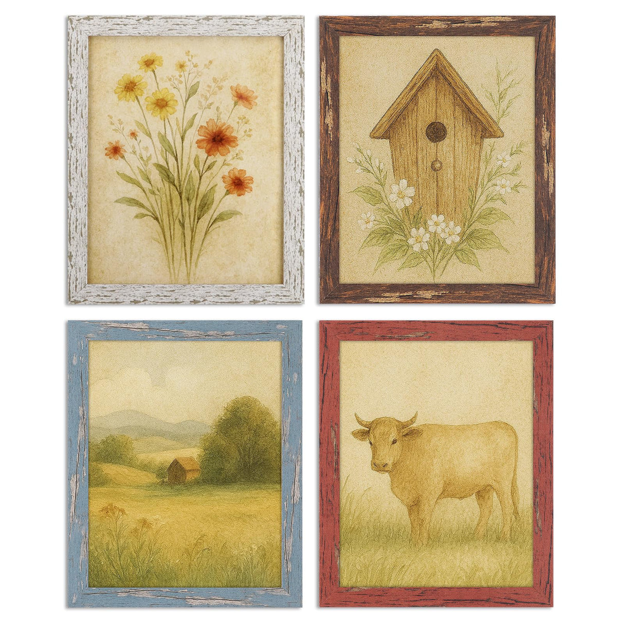 puthiac 8x10 Rustic Picture Frames, Farmhouse Distressed Wood Frame, Vintage Gallery Wall Photo Collage, Shatterproof Acrylic, Wall & Tabletop, Vertical/Horizontal, Vintage Art Prints, Set of 4 puthiac