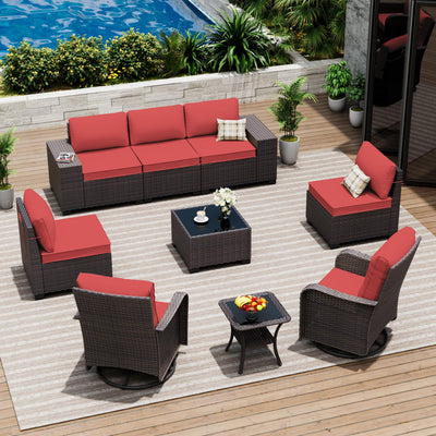 ASJMR 9 Pieces Patio Furniture Set with 2 Swivel Chairs Patio Furniture Outdoor Sectional Sofas Outdoor Patio Conversation Set - Red