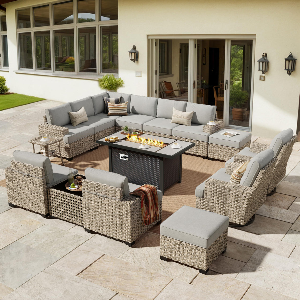 HOOOWOOO Outdoor Sectional Patio Furniture Set with Fire Pit Table,15 Pieces Wicker Conversation Sets L Shaped Couch,Extra Deep Out Door Sofa Outside Furniture with Swivel Chairs Ottoman,Charcoal Gray HOOOWOOO