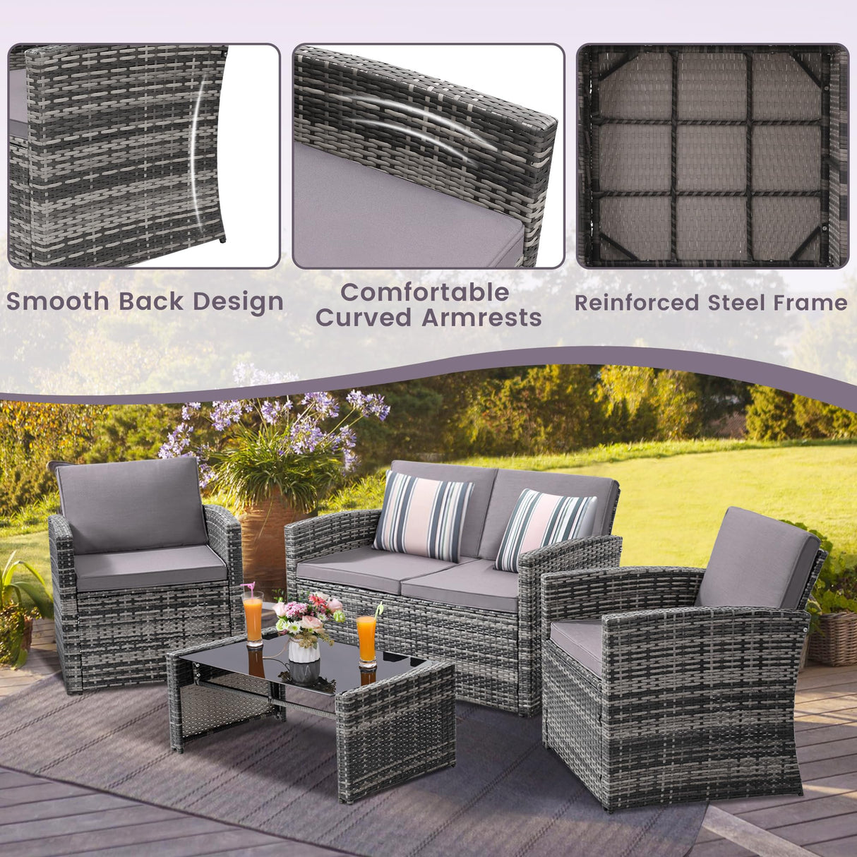 KROFEM 4 Pieces Patio Conversation Set, Outside Rattan Sectional Sofa, Cushioned Furniture Set, Wicker Sofa Ideal for Garden, Porch, Backyard, Grey Color Rattan and Light Grey Cushion KROFEM