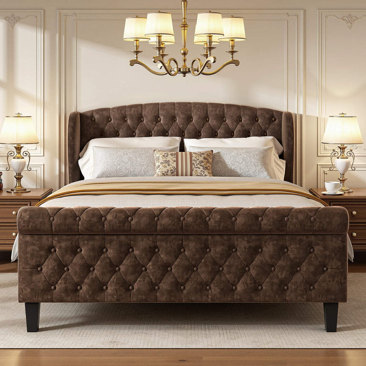 BedsPick Sleigh Queen Bed Frame with Wingback Headboard, Chenille Upholstered Bed Frame Queen Size with Button Tufted Scroll Footboard, Wood Slats Support/No Noise/Easy Assembly/No Box Spring Needed BedsPick