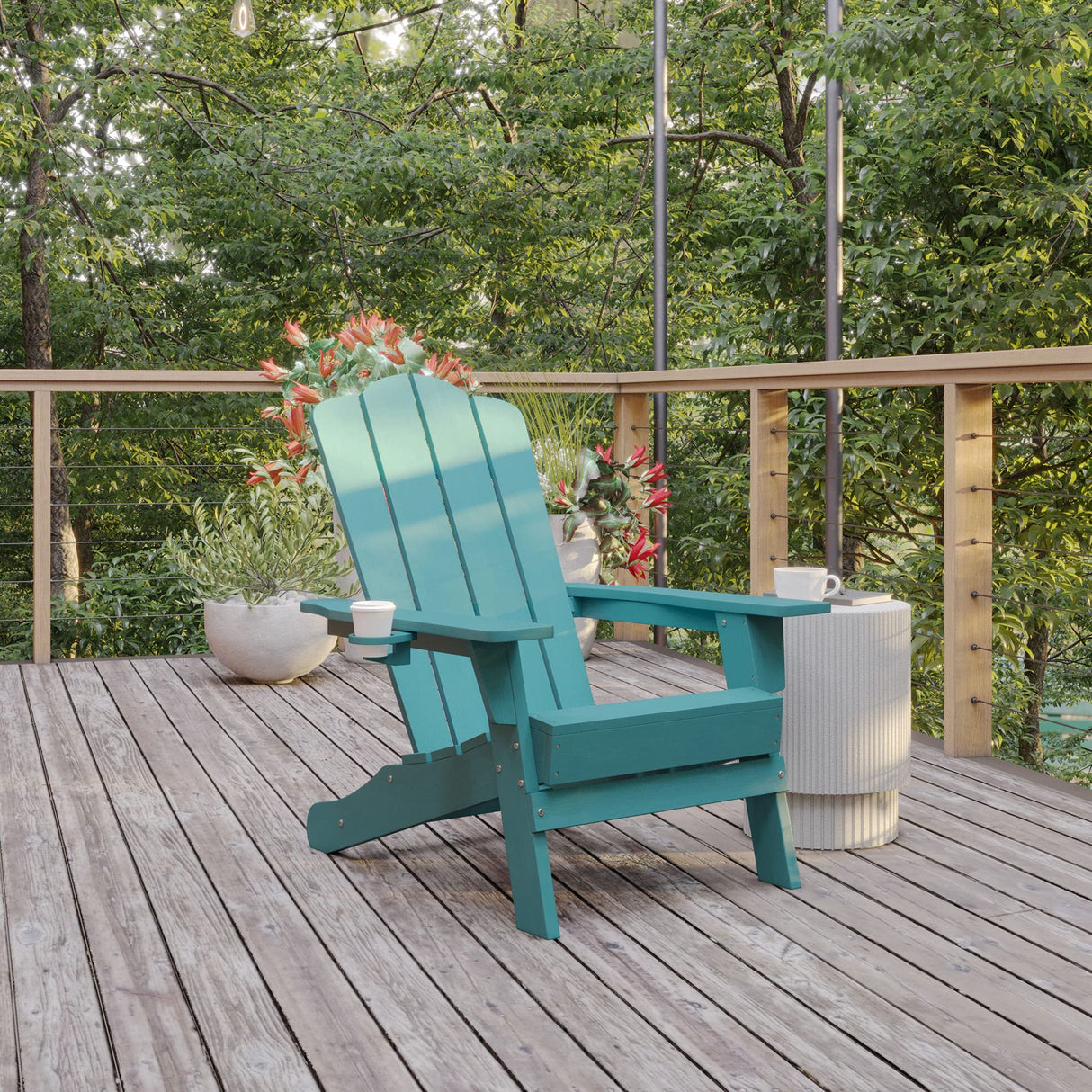 Flash Furniture Newport Adirondack Chair with Cup Holder, Weather Resistant Poly Resin Adirondack Chair, Blue Flash Furniture