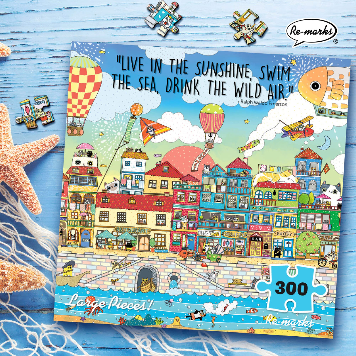 Re-marks Harbor City Illustrated Puzzle, 300-Piece Jigsaw Puzzle for All Ages Re-Marks