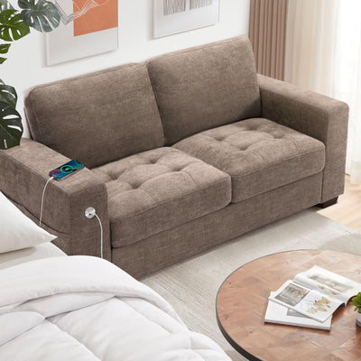 Ihanherry Sofa 70 Inch Loveseat with USB/Type-C Charging Port & Side Pocket, Comfy Modern 2-Seats Sofa for Living Room & Bedroom, Removable Medium Firm Sofa Cushion, Breathable Chenille Fabric, Brown
