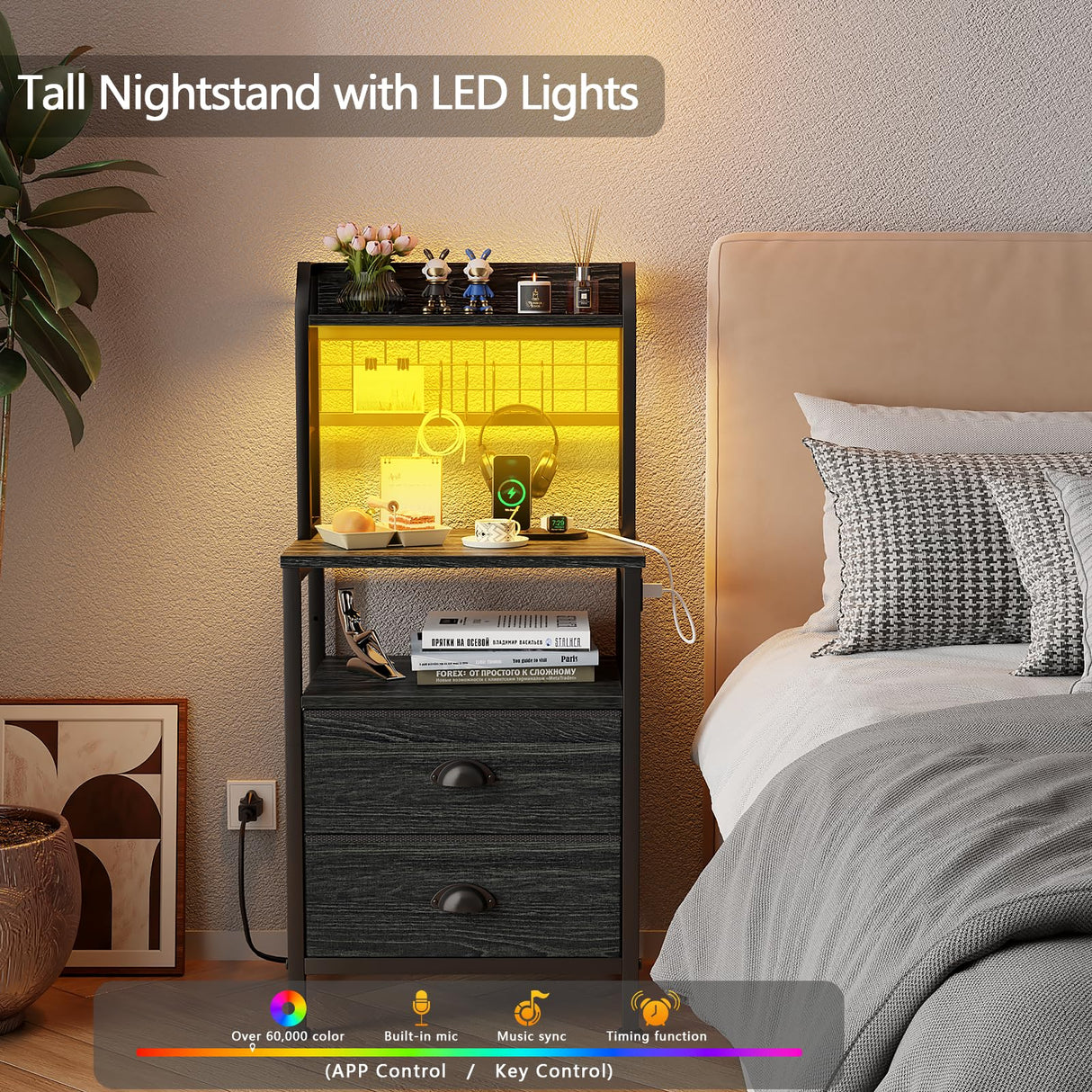 Furologee 41'' Tall Nightstand with Charging Station, Bedside Table with LED Lights, End Table with 2 Drawers and Storage Shelves, Night Stand with Pegboard for Bedroom, Living Room, Black Oak Furologee