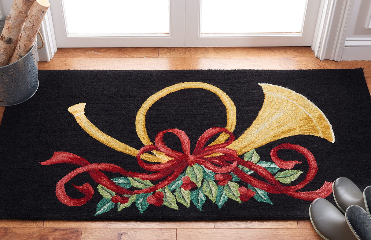 SAFAVIEH Vintage Poster Collection Accent Rug - 2' x 3', Black & Multi, Hand-Hooked Christmas Horn Novelty Wool, Ideal for High Traffic Areas in Entryway, Living Room, Bedroom (VP321A) SAFAVIEH