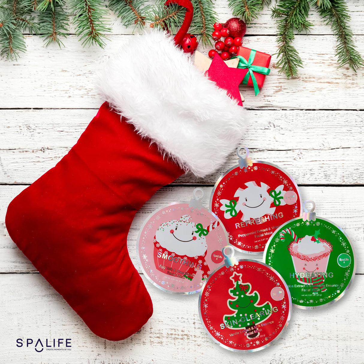 SpaLife Christmas Stocking Stuffer Facial Masks 12-Pack - Hydrating, Smoothing, and Refreshing Skin-Clearing Face Sheet Masks - Skincare Set for Moisturizing and Soothing Beauty SpaLife