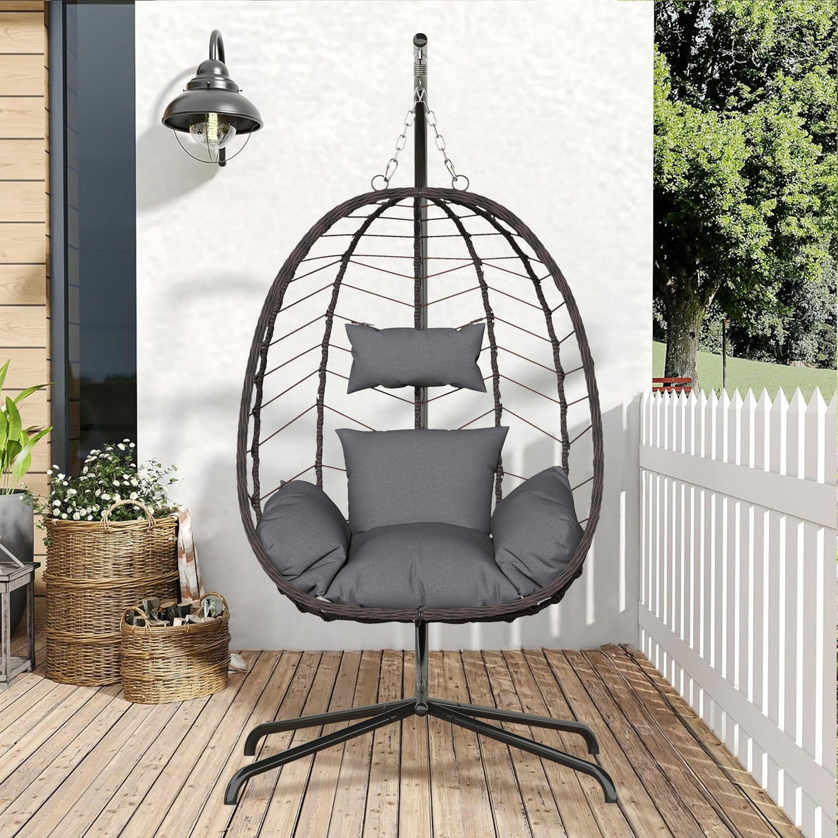 Hanging Egg Chair with Stand, Swinging Egg Chair Outdoor Indoor, Hanging Basket Chair with Cushion, Patio Wicker Hammock Chair 350lbs Capacity for Bedroom, Porch, Balcony, Backyard, Garden (Grey) LEX CRAFT