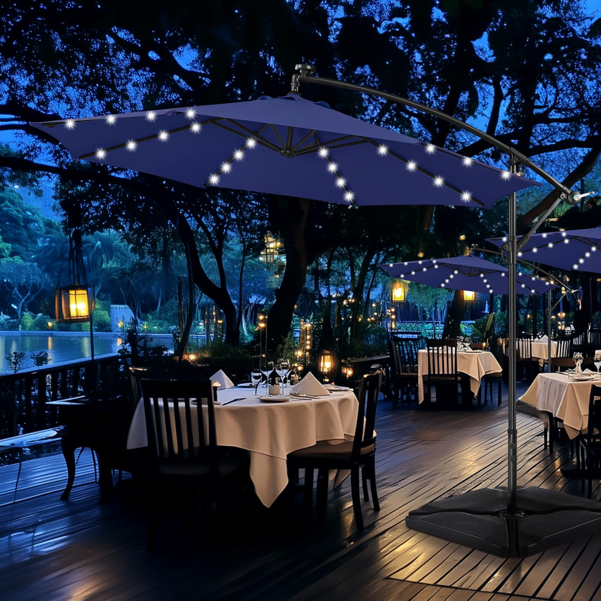 Yaheetech 10FT Solar Offset Umbrella with 32 LED Lights Cantilever Hanging Outdoor Umbrellas Handy Crank & Cross Base for Lawn/Deck/Backyard/Pool Navy Blue Yaheetech