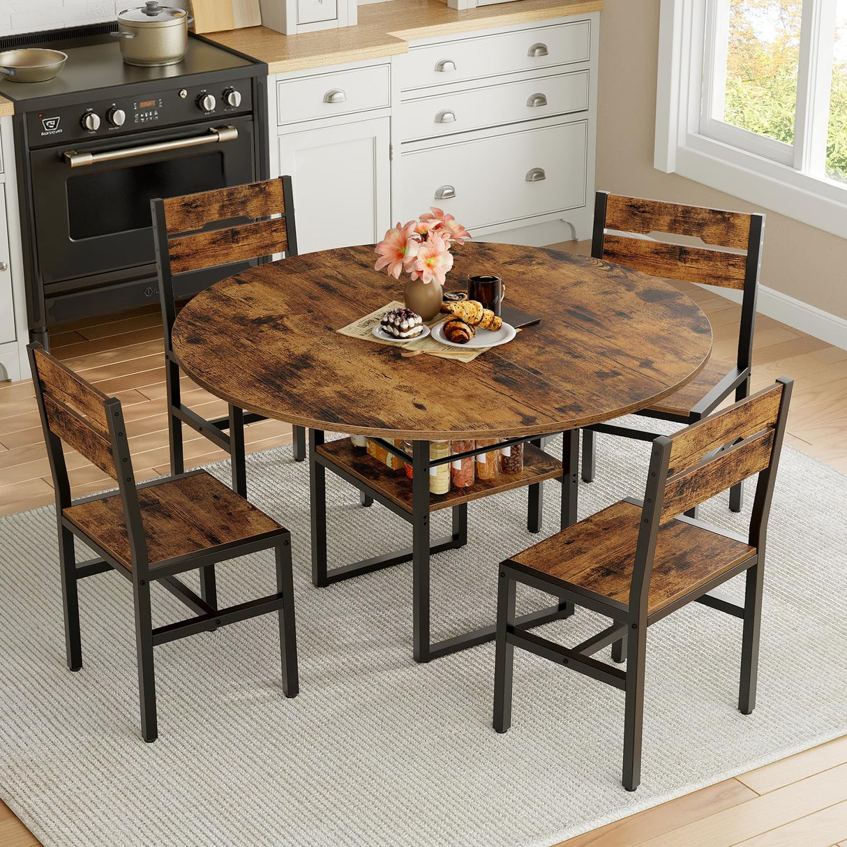 RALGEND Round Dining Table Set for 4, Circle Kitchen Table and 4 Chairs, 5 Piece Dining Table Set, with Wooden Tabletop and Widen Seat, Space Saving, for Dining Room, Rustic Brown and Black RALGEND