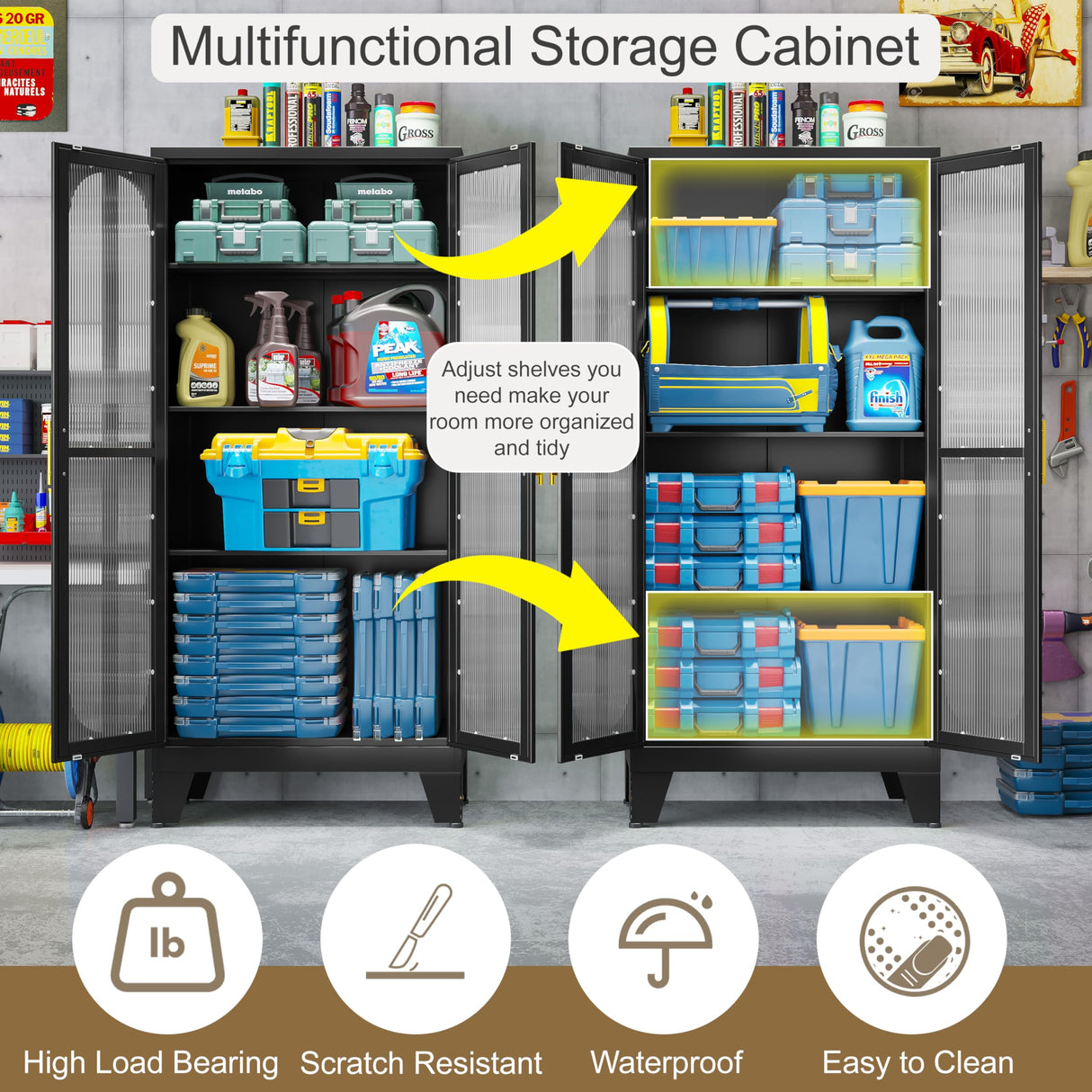 pozdeg Metal Storage Cabinet, Kitchen Pantry Cabinet with 2 Cross Door Panels and 3 Adjustable Shelves, Versatile Storage Pantry for Living Room Office Laundry Dining Room or Outdoor (Black) pozdeg