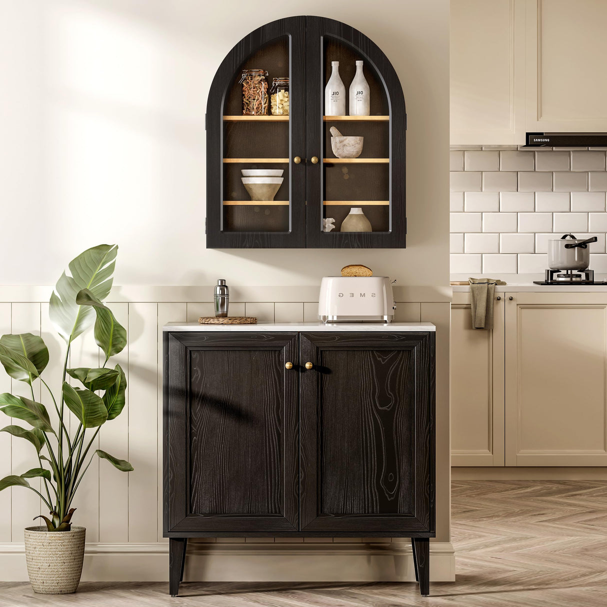 MoomJiee Large Arched Bathroom Wall Cabinet Modern Wooden Display Cabinet with Acrylic Doors Farmhouse Wall Mounted Cupboard Storage Organizer for Laundry Room, Dining Room, Black MoomJiee