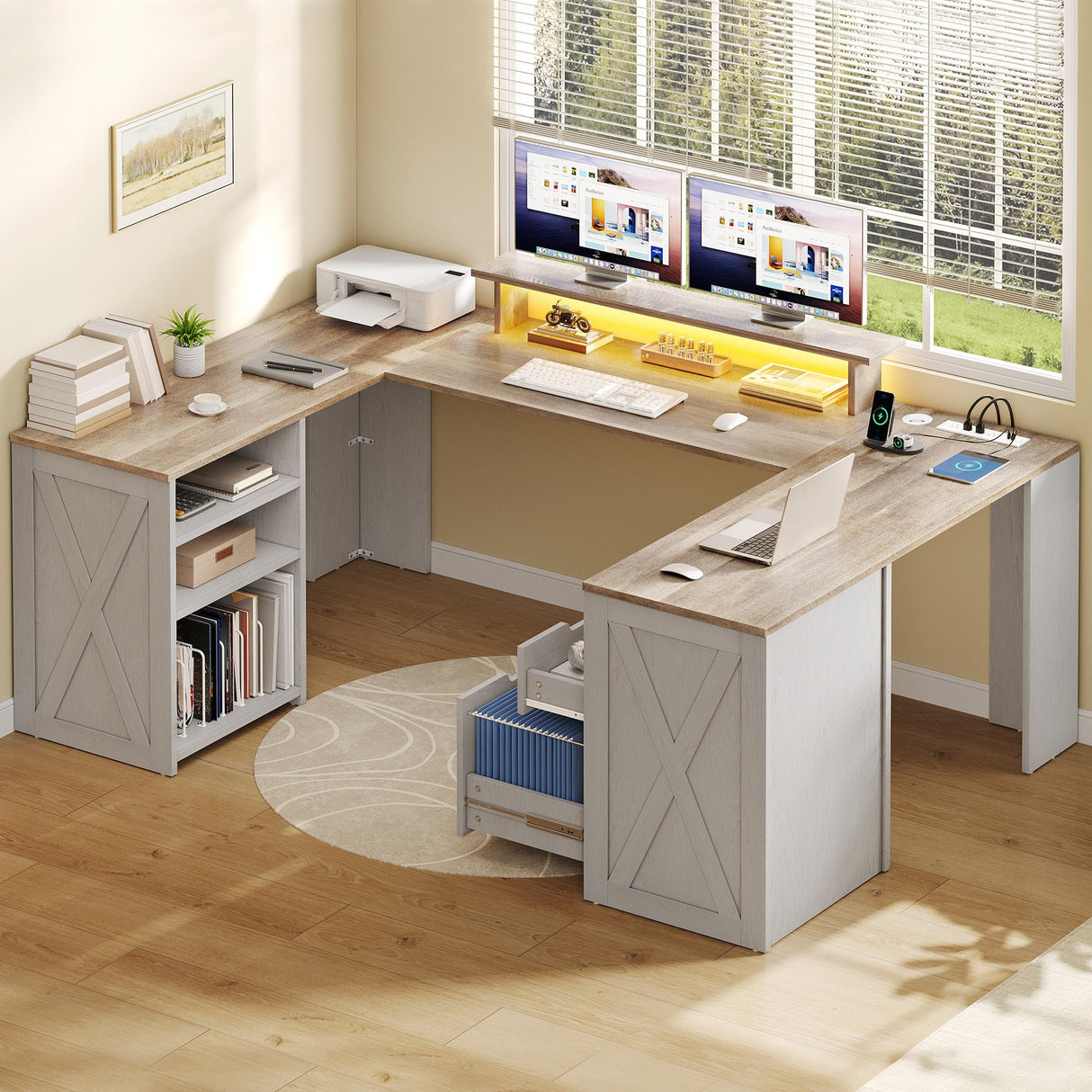 YITAHOME U Shaped Desk with Power Outlet & LED Lights, Farmhouse Computer Desk with Drawers, Wood Desk Home Office Desk with Monitor Stand & 5 Cubbies Storage Shelves, Grey Wash YITAHOME