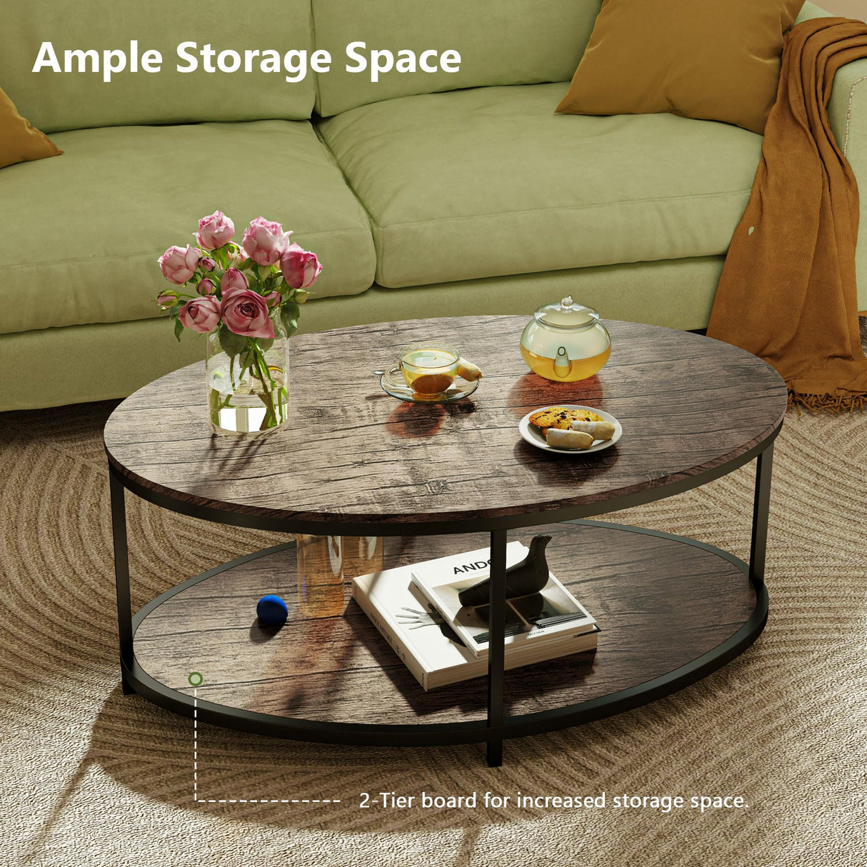 ROCSUMOO 43.3”Oval Coffee Table for Living Room, 2-Tier Coffee Table with Open Storage Shelf, Modern Wooden Side Table for Bedroom Home Office (Oval, Walnut) ROCSUMOO