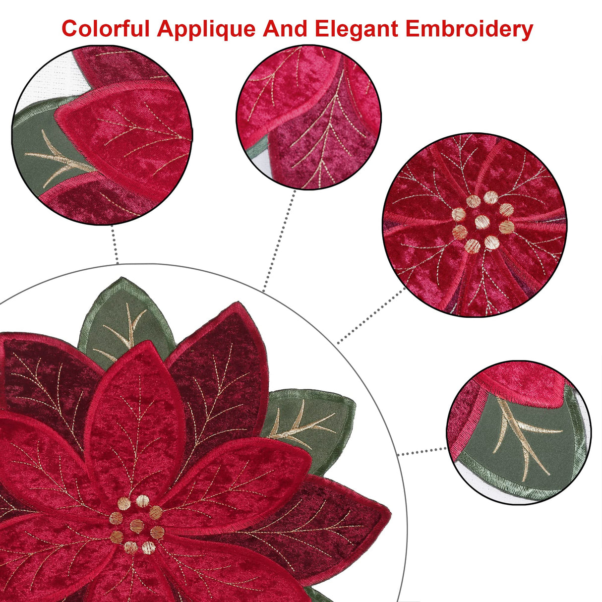 OWENIE Christmas Placemats Set of 4, Poinsettia Table Mats with Embroidered and Applique Velvet Fabric, 16 Inch x 16 Inch Diecut Placemat for XMAS Holiday Tabletop, Round Doilies for Dining Table, Red OWENIE