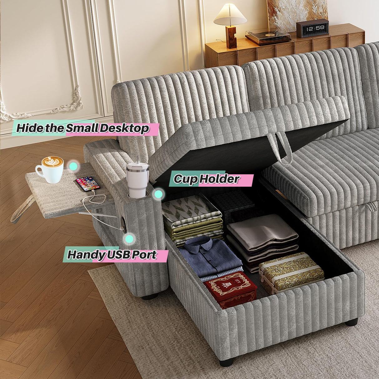 Sleeper Sectional Sofa, 122" Modern U Shaped Couch with Pull Out Bed, Convertible Corduroy Cloud Sofa with Double Storage Chaise, USB, Small Desktop, Comfy Modular Couch for Living Room, Light Grey ZHCREAL