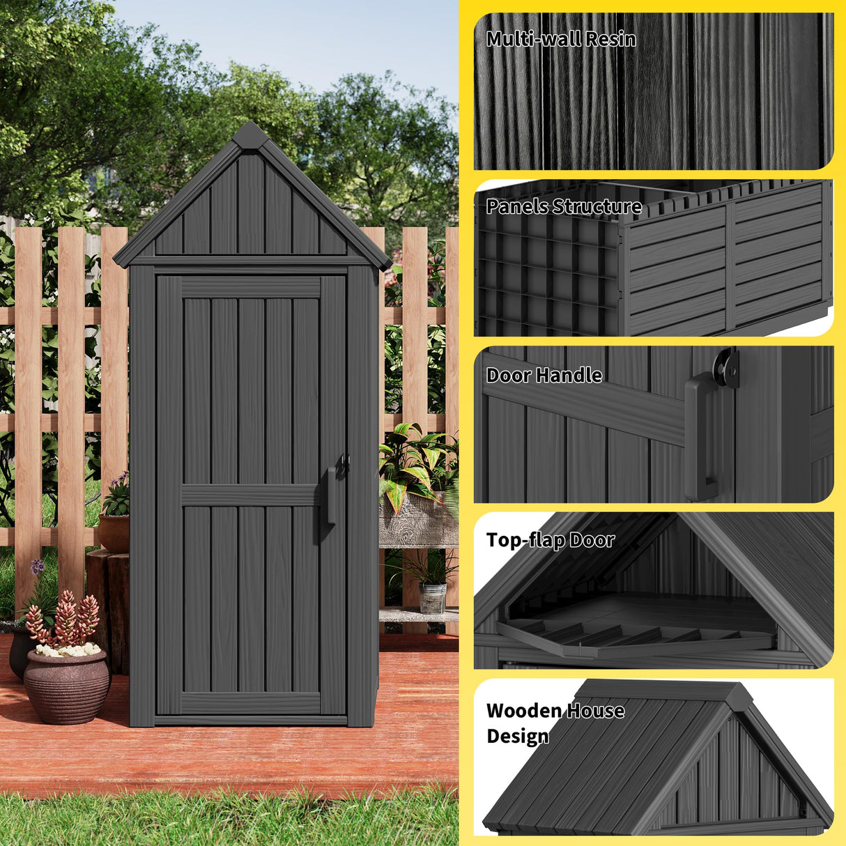 Fancyango Outdoor Resin Storage Shed, Upgrade Durable Storage Cabinet with Removable Shelves and Lock Ring, Reinforced Floor, All-Weather Construction for Garden Patio Lawn (Black) Fancyango