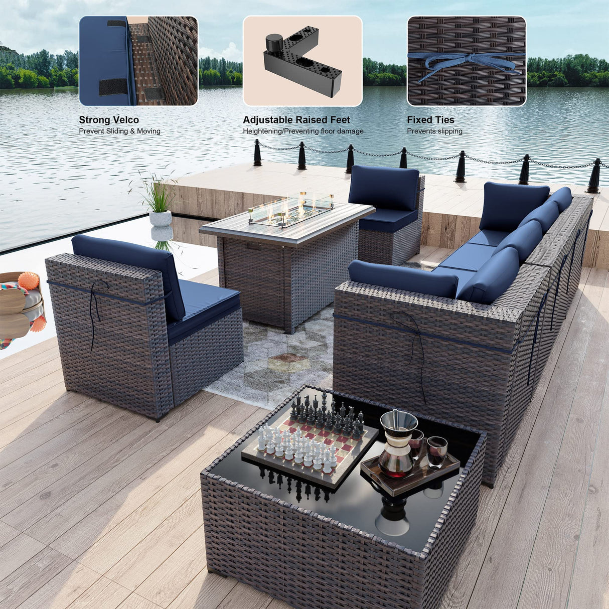 Kullavik 8 Pieces Outdoor Patio Furniture Set with 43" 55000BTU Gas Propane Fire Pit Table PE Wicker Rattan Sectional Sofa Patio Conversation Sets,Dark Blue Kullavik