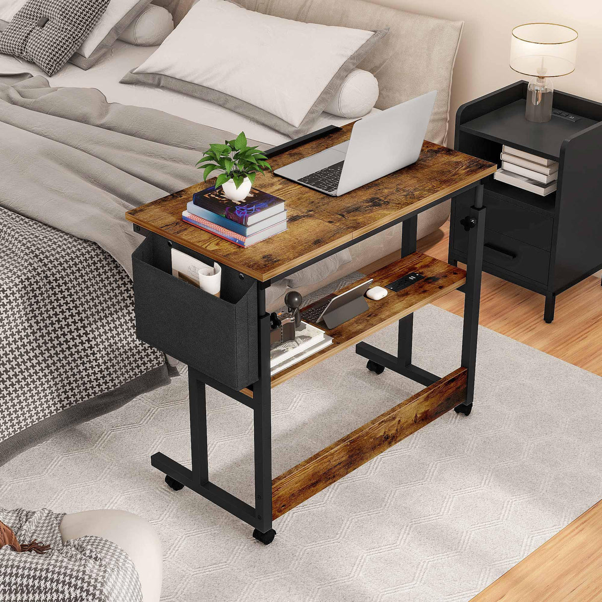 DWVO Height Adjustable Drawing Desk with Charging Station & Wheels, Rolling Craft Table with Tilting Top and Storage Bag, Small Standing & Sitting Laptop Computer Desk (Brown) DWVO