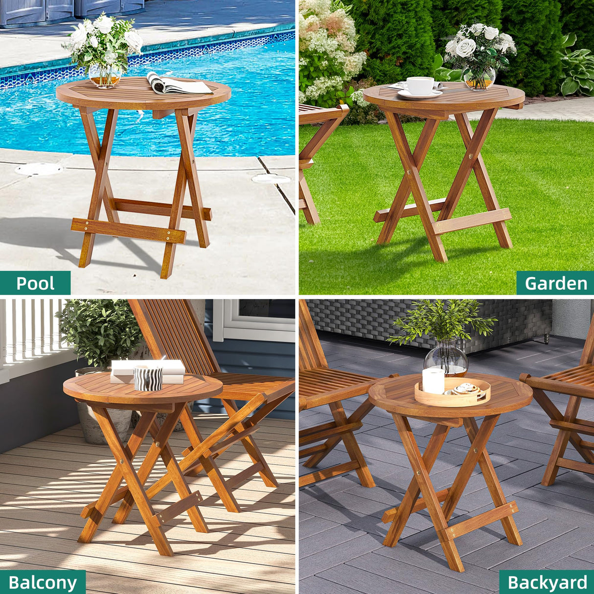 YITAHOME Teak Wood Outdoor Side Table, Patio Folding Round End Table with Metal Buckles and X-Frame, Outdoor Bistro Table Ideal for Backyard Patio Garden Living Room Kitchen, Easy to Carry YITAHOME