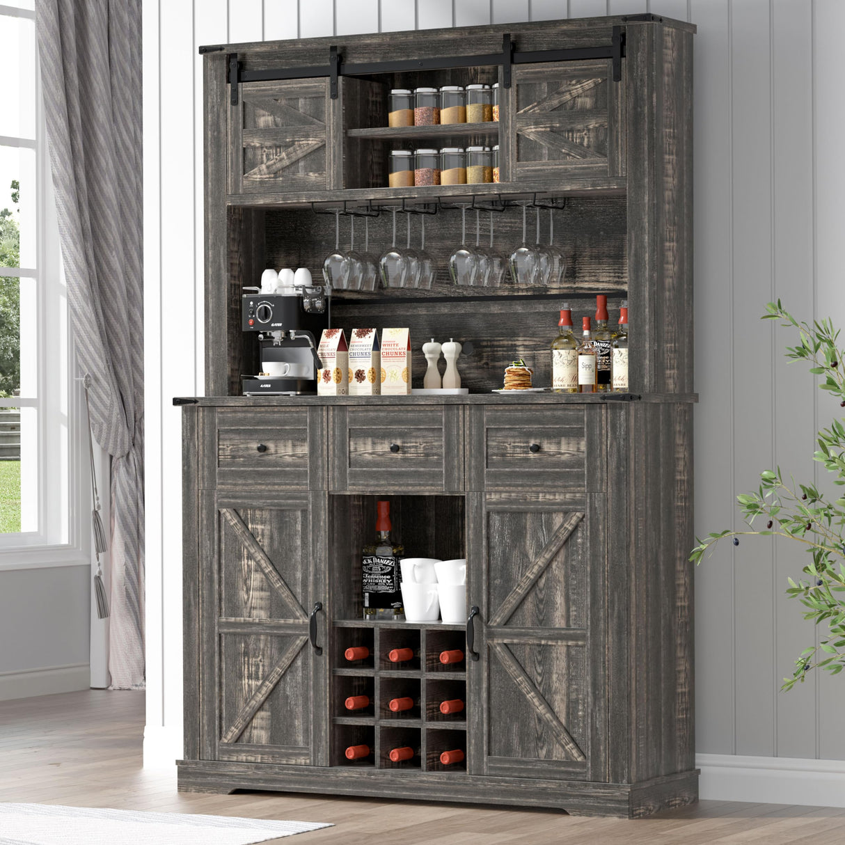 Farmhouse Coffee Bar Cabinet,72" Kitchen Hutch with Storage, Buffet Sideboard Cupboard with Adjustable Shelves, Sliding Barn Door, Wine & Glasses Rack for Kitchen, Dining Room, Dark Rustic Oak Redpick