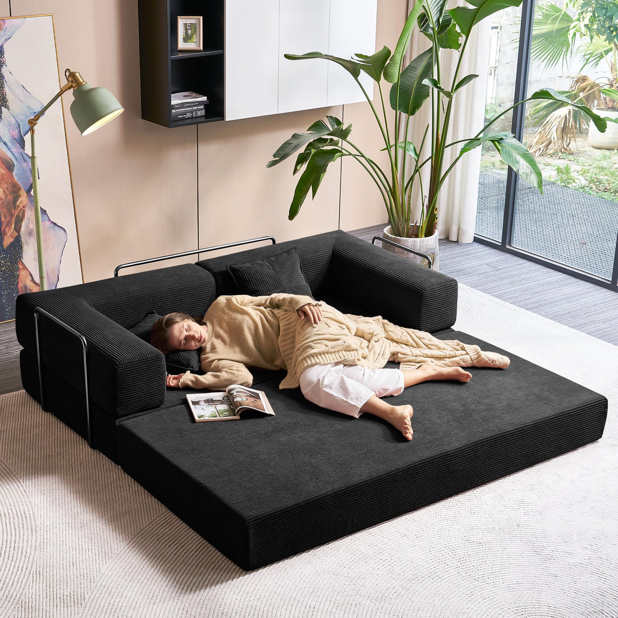 YINIX Foldable Sofa Bed, 81'' Folding Floor Couch, Compressed Convertable Sleeper Sofa, Memory Foam Couch with Pillow Back Support Armrest, 4-in-1 Futon Sofa Bed for Living Room, Black YINIX