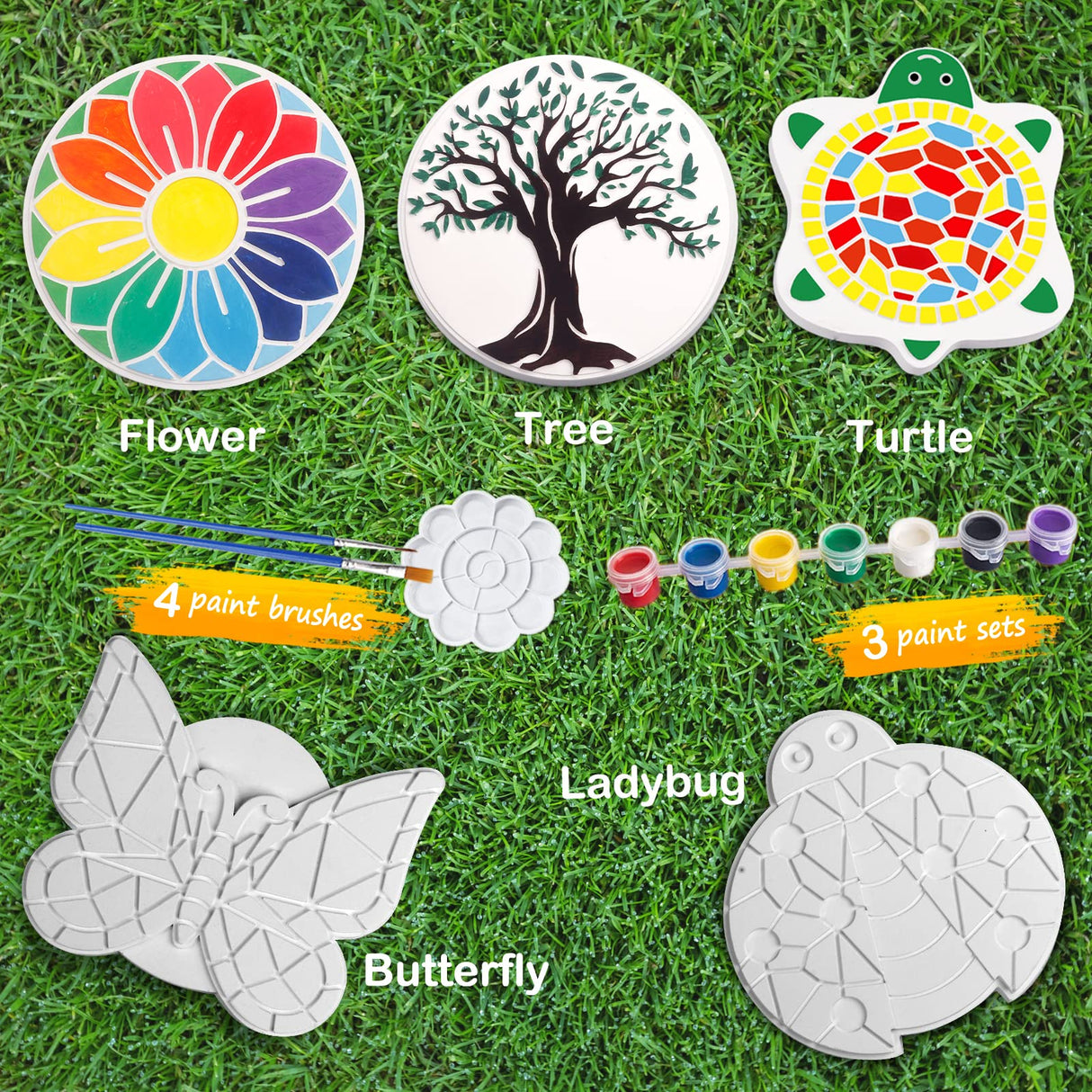 Weilim Paint Your Own Stepping Stones 5-Pack for Kids, Boys & Girls Ages 3-12, Butterfly, Turtle, Flower, Tree & Ladybug DIY Outdoor Garden Art & Craft Ceramic Painting Set Weilim