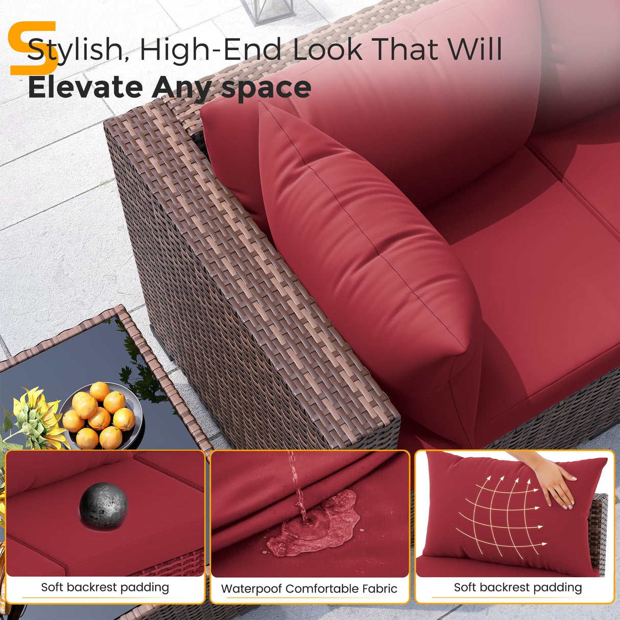 UDPATIO Outdoor Patio Furniture Set with Fire Pit Table, 8 Piece Outdoor Sectional Sofas, All-Weather Wicker Patio Conversation Set for Garden, Backyard Wine UDPATIO