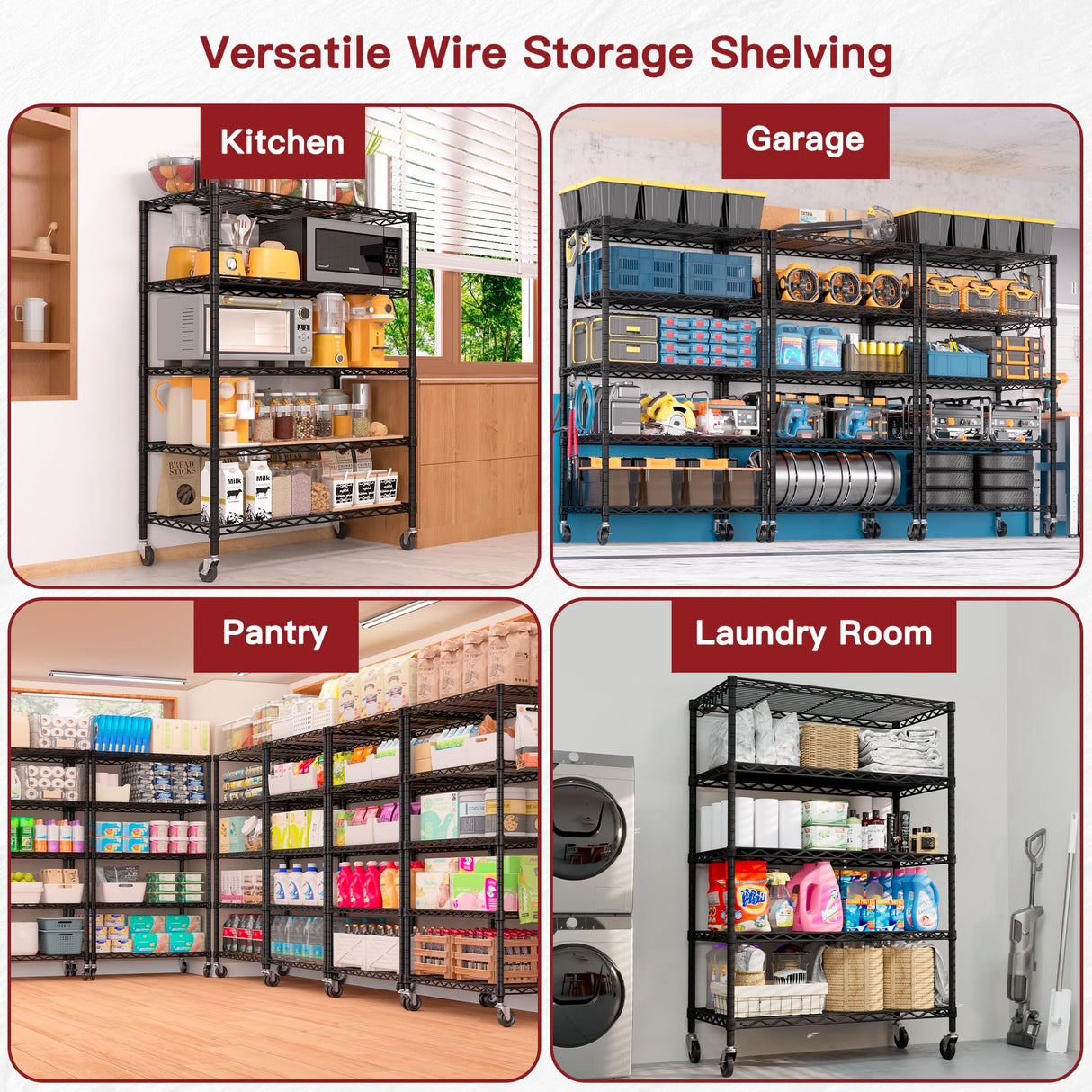 PrimeZone Wire Shelving Unit with Wheels, 5 Tier Adjustable NSF Certified Heavy Duty Metal Storage Shelves, Pantry Organizer Rack Rolling Kitchen Shelf for Closet Garage, 24" W x 18" D x 75" H, Black PrimeZone