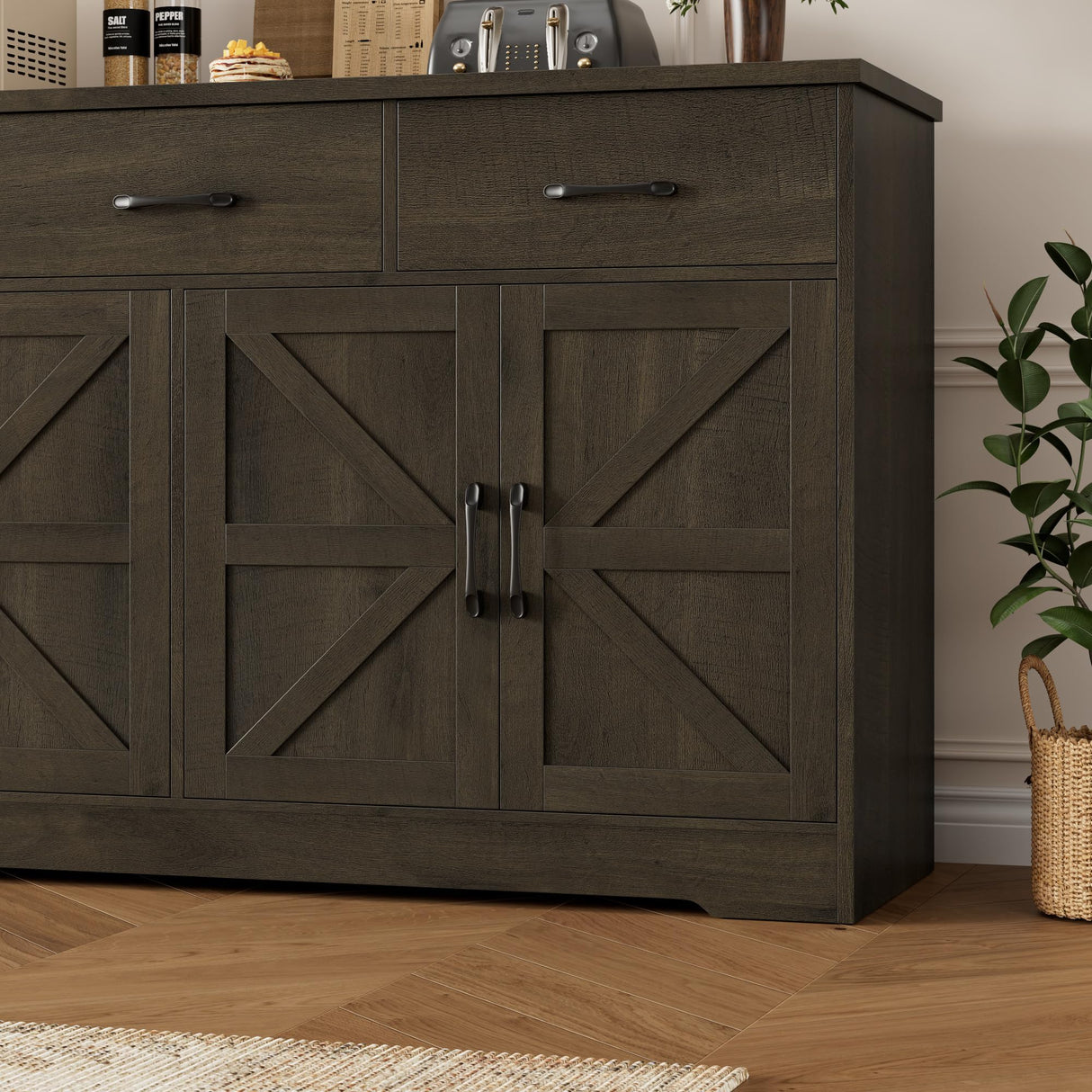 HOSTACK 59" Large Buffet Cabinet with Storage, Farmhouse Sideboard Buffet Cabinet with 3 Drawers, Wood Kitchen Coffee Bar with Doors and Shelves, Long Sideboard Table for Dining Room, Dark Brown HOSTACK