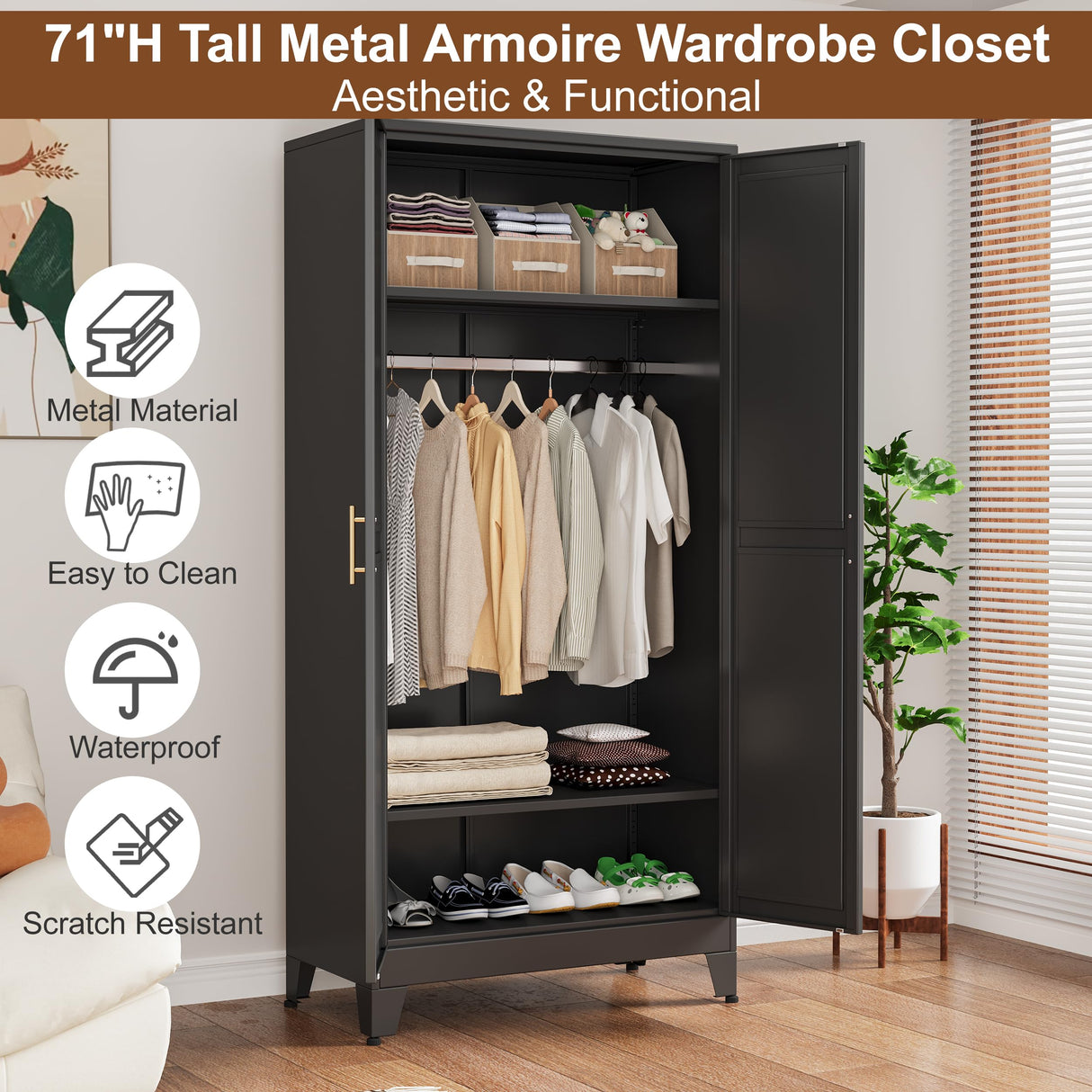 pozdeg Metal Armoire Wardrobe Closet, 71" Tall Clothing Storage Cabinet with Hanging Rods, Household Closet Organizers with Adjustable Shelves for Home Office or Gym (Black) pozdeg