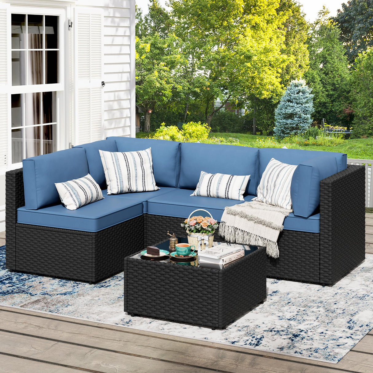 JAMFLY 5 Piece Outdoor Patio Furniture Set, PE Rattan Conversation Sofa Set with Thick Cushions & Glass Top Coffee Table, All-Weather Outside Furniture for Garden, Porch, Aegean Blue JAMFLY