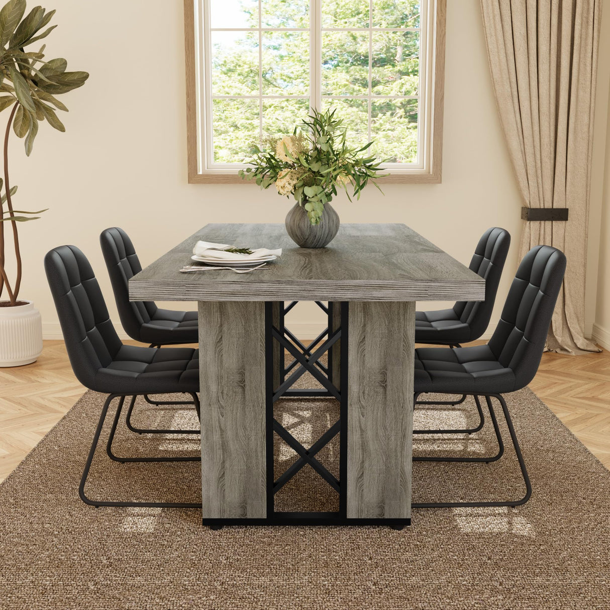 HIPIHOM 7-Piece Dining Table Set for 6-8 People, 70.8" MDF Kitchen Table with 6 Upholstered Chairs, Space-Saving for Dining Room, Breakfast Nook(Grey Table+6 U-Shaped Black Chairs) HIPIHOM