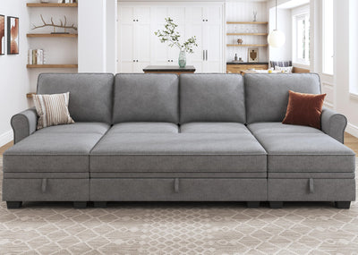 HONBAY Convertible Sectional Sofa Set with Storage Seat U Shaped Sectional Couch with Reversible Chaise Sleeper Sectional Couch Bed for Living Room, Light Grey