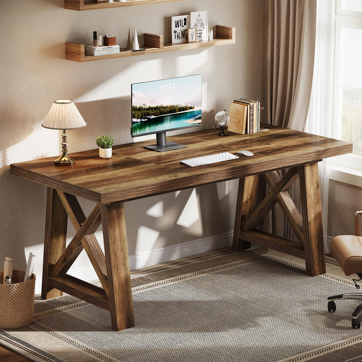 Tribesigns 63-Inch Executive Desk, Large Office Computer Desk with X-Shaped Legs, Modern Simple Workstation Study Writing Conference Table for Home Office, Rustic Brown Tribesigns