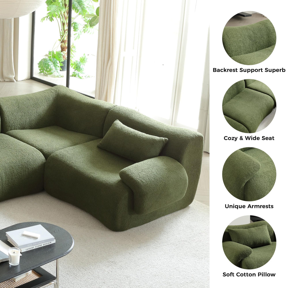 Rubikliss Cloud Sectional Sofa for Living Room, 78'' Boucle Boneless Loveseat with 2 Pillows, Modern Oversized Deep Seat Modular Sectional Sofa, High-Density Foam, No Assembly (Green) Rubikliss