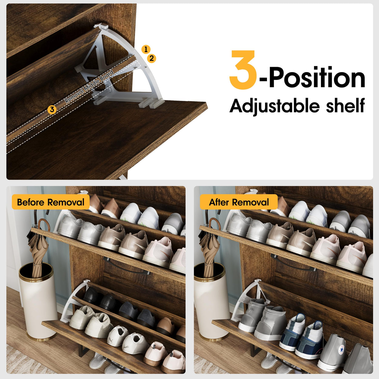 Maupvit Narrow Shoe Cabinet with 2 Flip Drawers, Shoe Storage Cabinet for Entryway, Freestanding Shoe Cabinet Organizer with Open Storage, Farmhouse Shoe Rack with Metal Legs (Brown) Maupvit