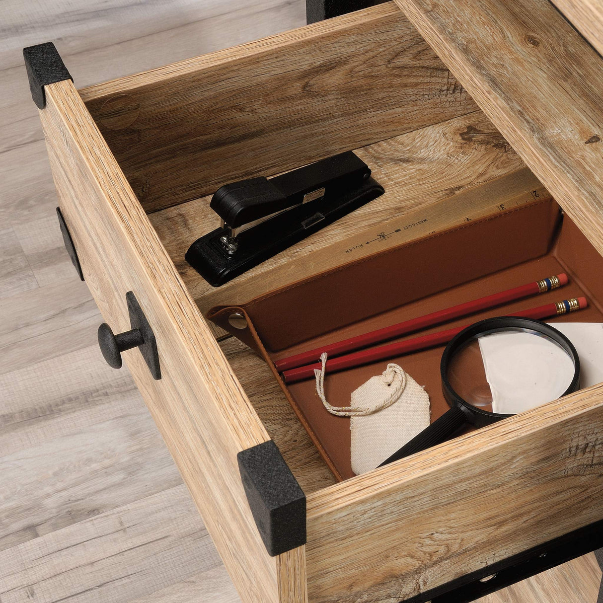 Sauder Steel River L-Shaped Desk, L: 59.84" x W: 57.32" x H: 29.53", Milled Mesquite Finish Sauder