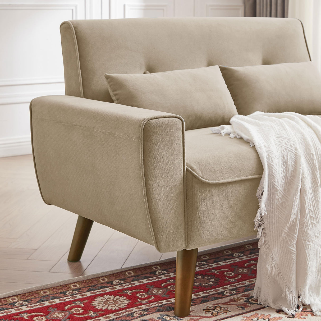 Jarenie 48.8" Small Loveseat Sofa, Mid Century Modern Love Seat Couch with Back Cushions and Wood Legs, 2 Seater Couches for Living Room, Bedroom, Small Spaces, Beige Jarenie