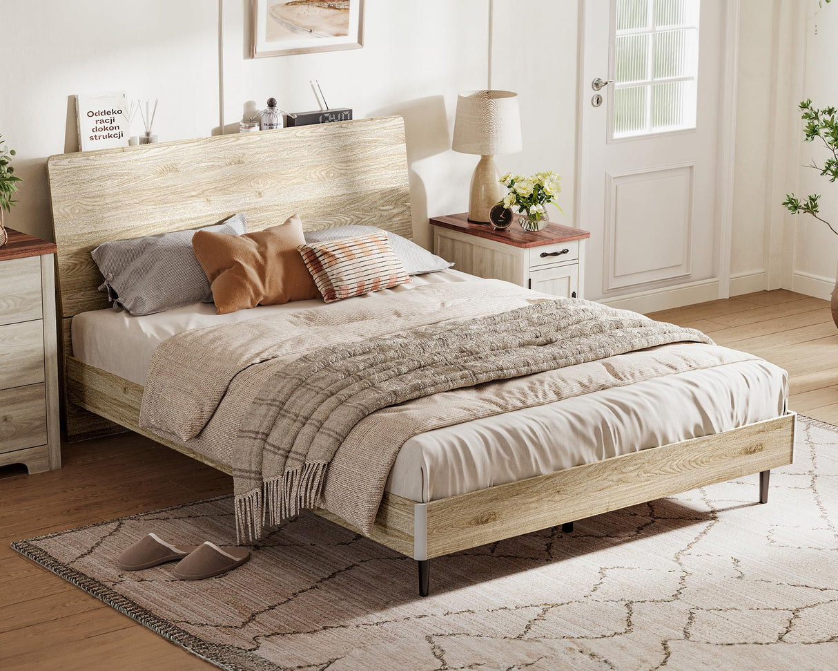 LINSY Beige Full Size Wood Platform Bed Frame with Ergonomic Headboard and Storage Shelf LINSY
