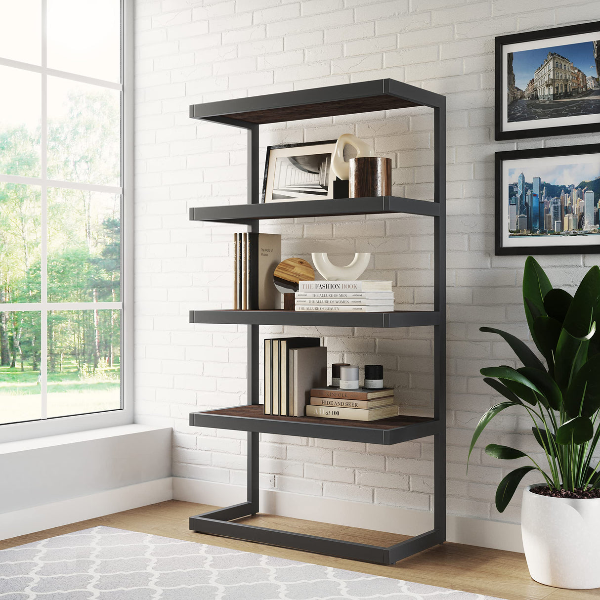 SIMPLIHOME Erina SOLID ACACIA WOOD and Metal 36 Inch Rectangle Modern Industrial Bookcase in Distressed Charcoal Brown, For the Living Room, Study Room and Office SIMPLIHOME